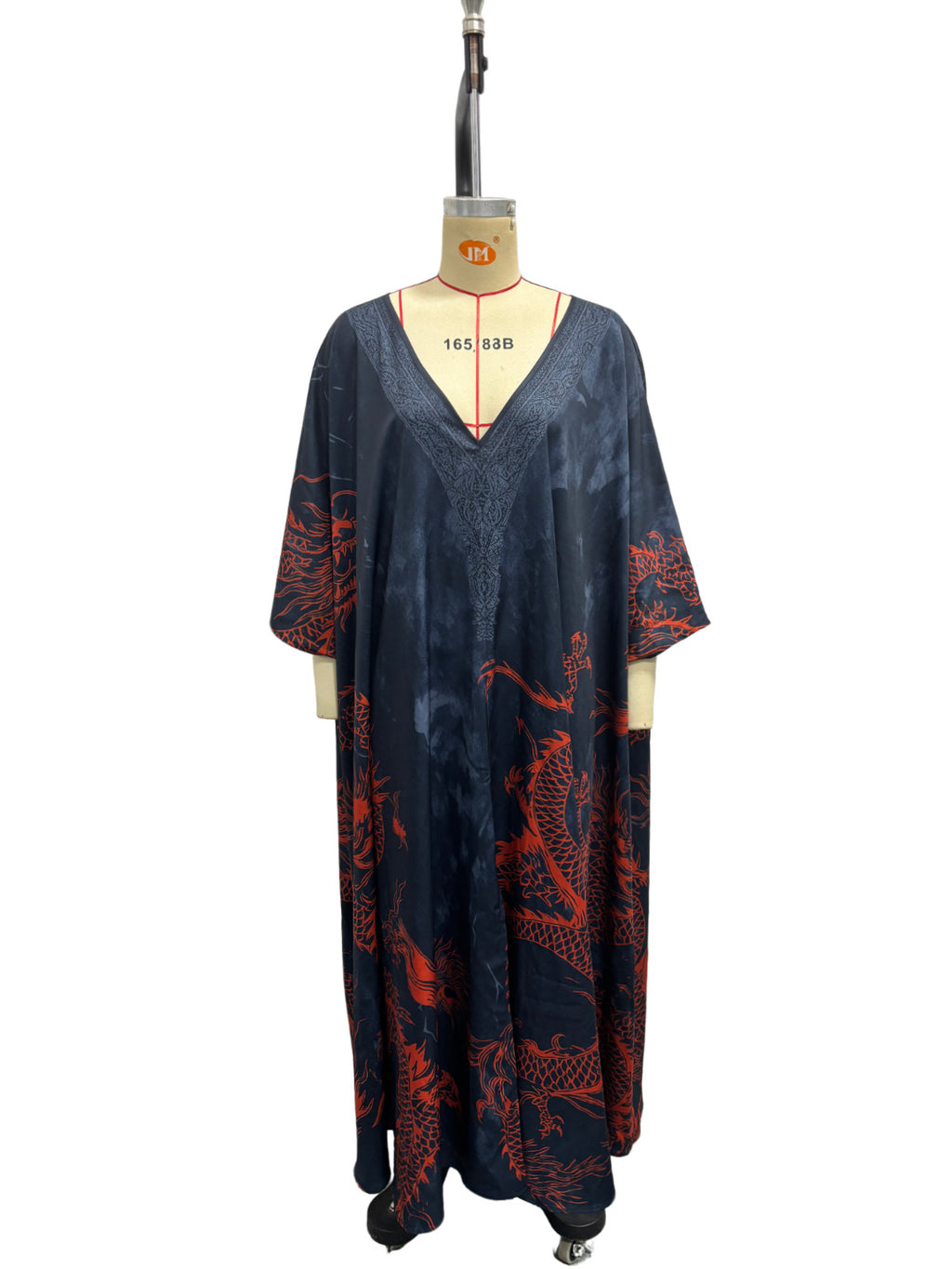Dragon print beach vacation long dress outerwear - navy