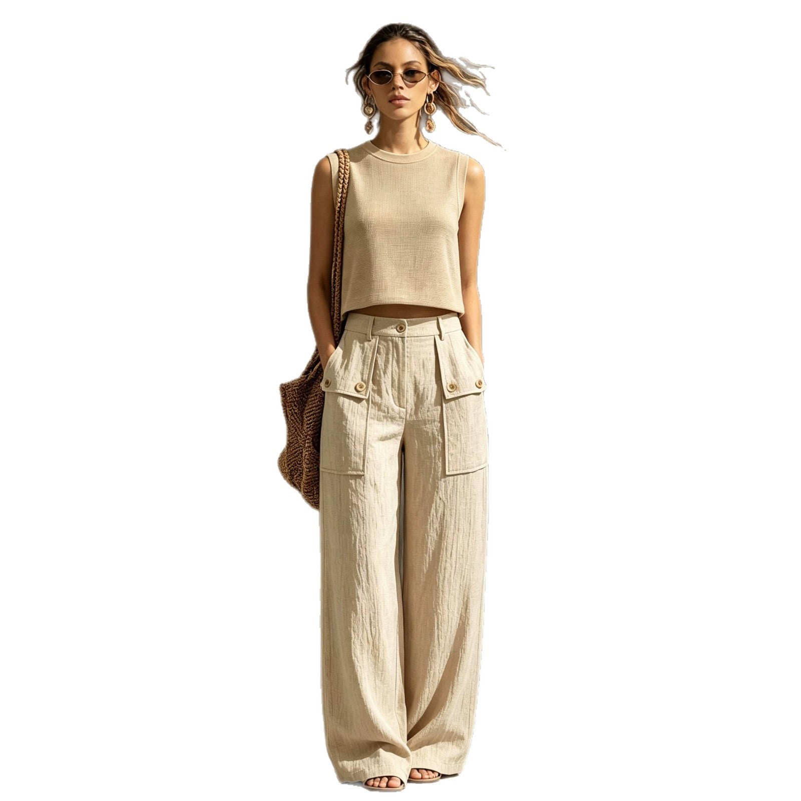 Linen Wide-Leg Pants Set – Sleeveless Pocket Vest