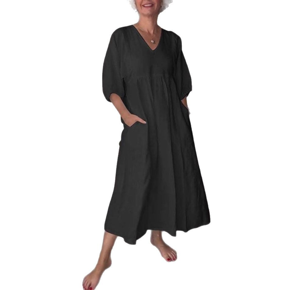 Deep V-neck pleated solid color pocket dress
