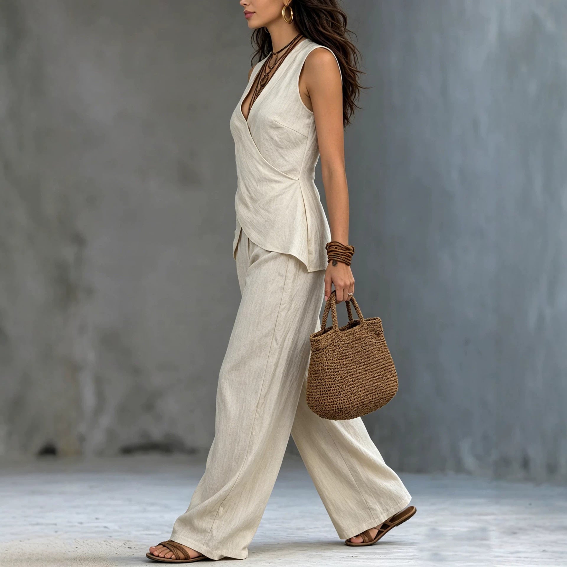 Wide-Leg Pants Set – Sleeveless V-Neck Waist-Defining Top