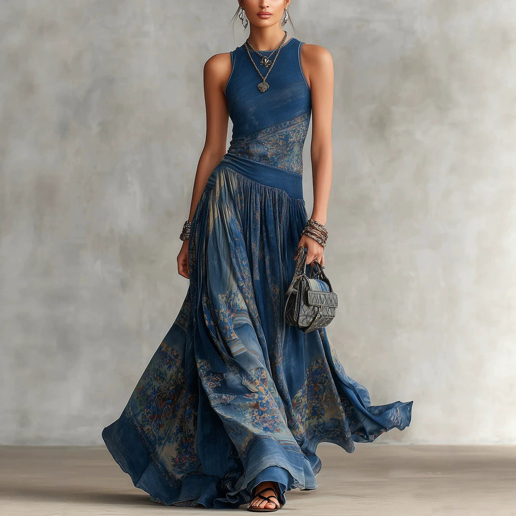 Printed sleeveless vest dress with elegant large swing round neck skirt