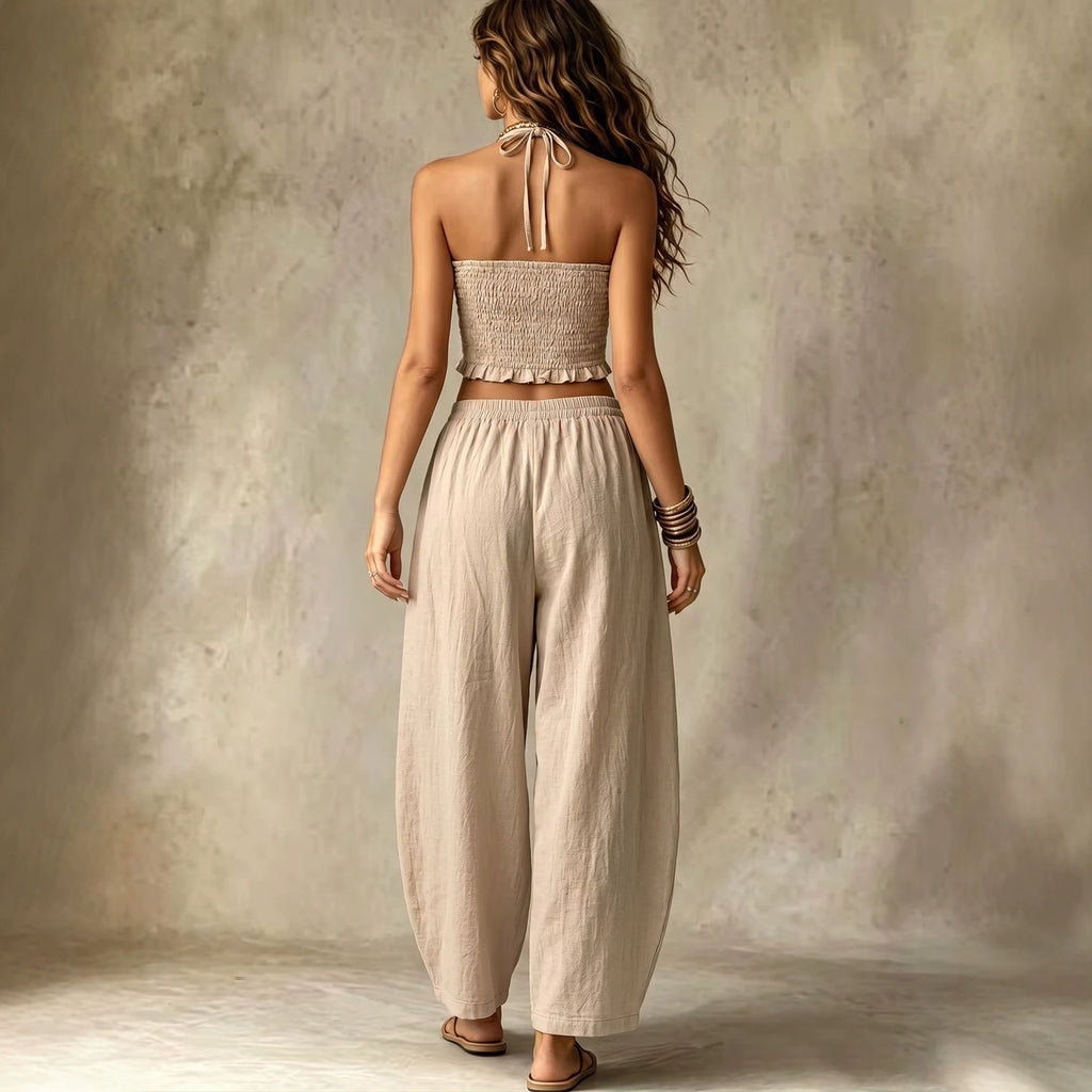 Linen Two-Piece Set – Halter Crop Top & Balloon-Leg Pants