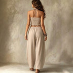 Linen Two-Piece Set – Halter Crop Top & Balloon-Leg Pants