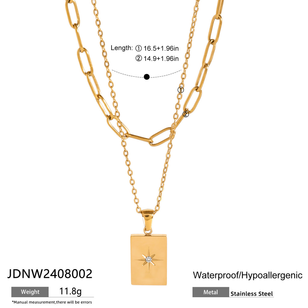 Stainless steel star square pendant double layered necklace