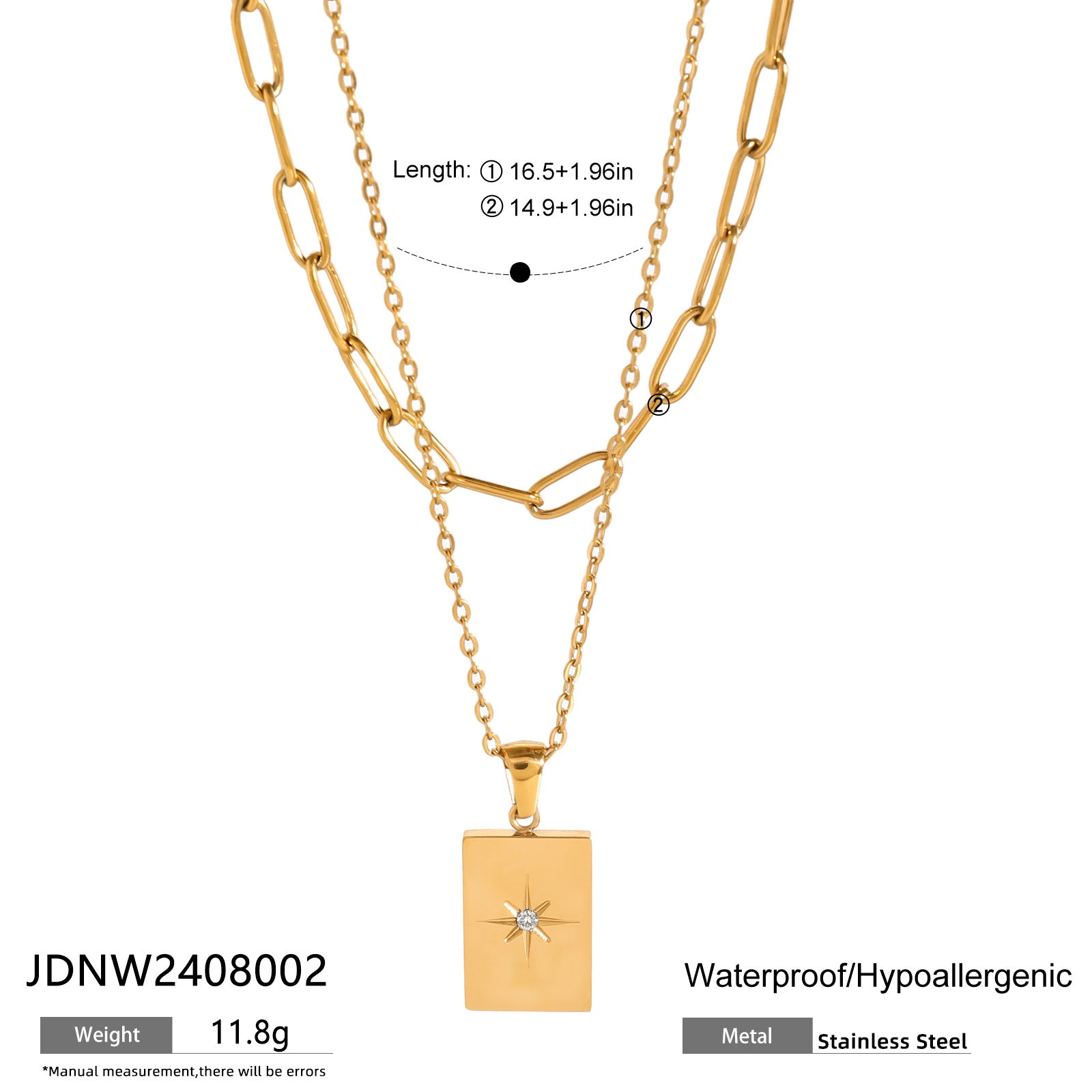 Stainless steel star square pendant double layered necklace