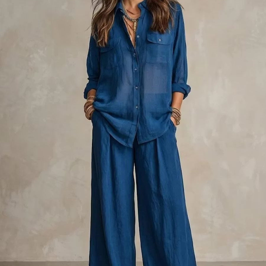 Linen Wide-Leg Pants Set – Button-Front Shirt