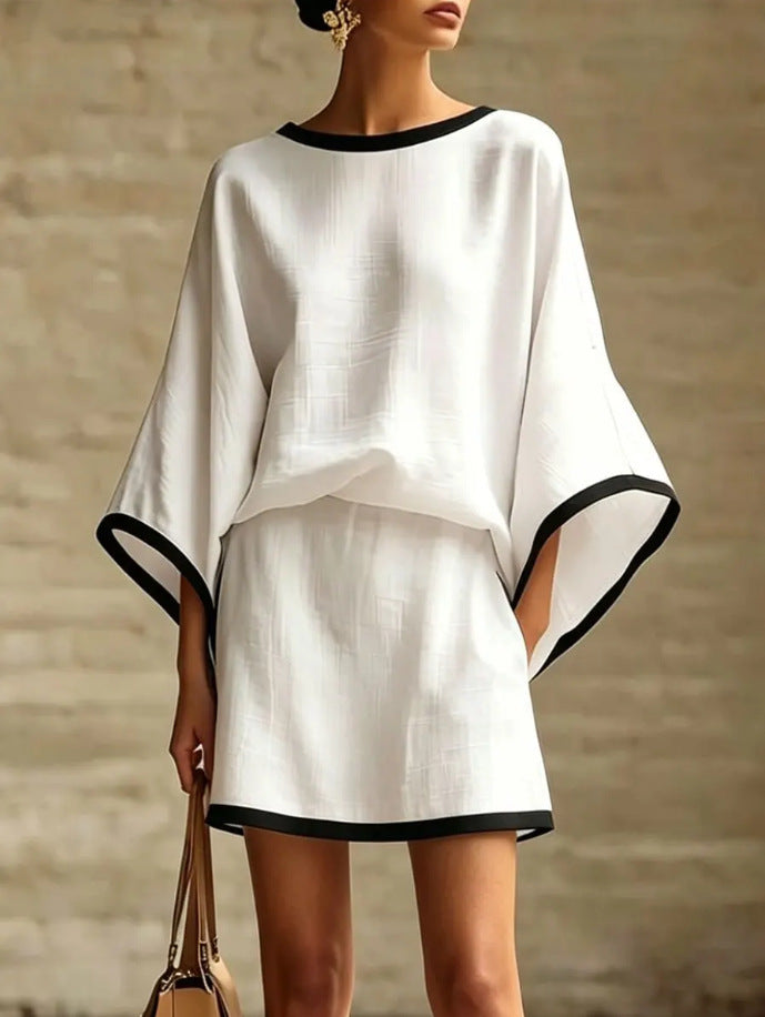 Linen Top & Mini Skirt Set – Batwing-Sleeve Ease