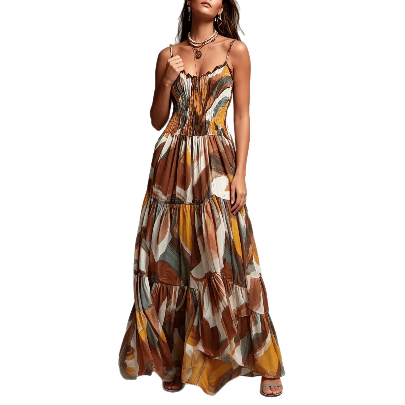 Thin shoulder strap pleated waist pocket dress