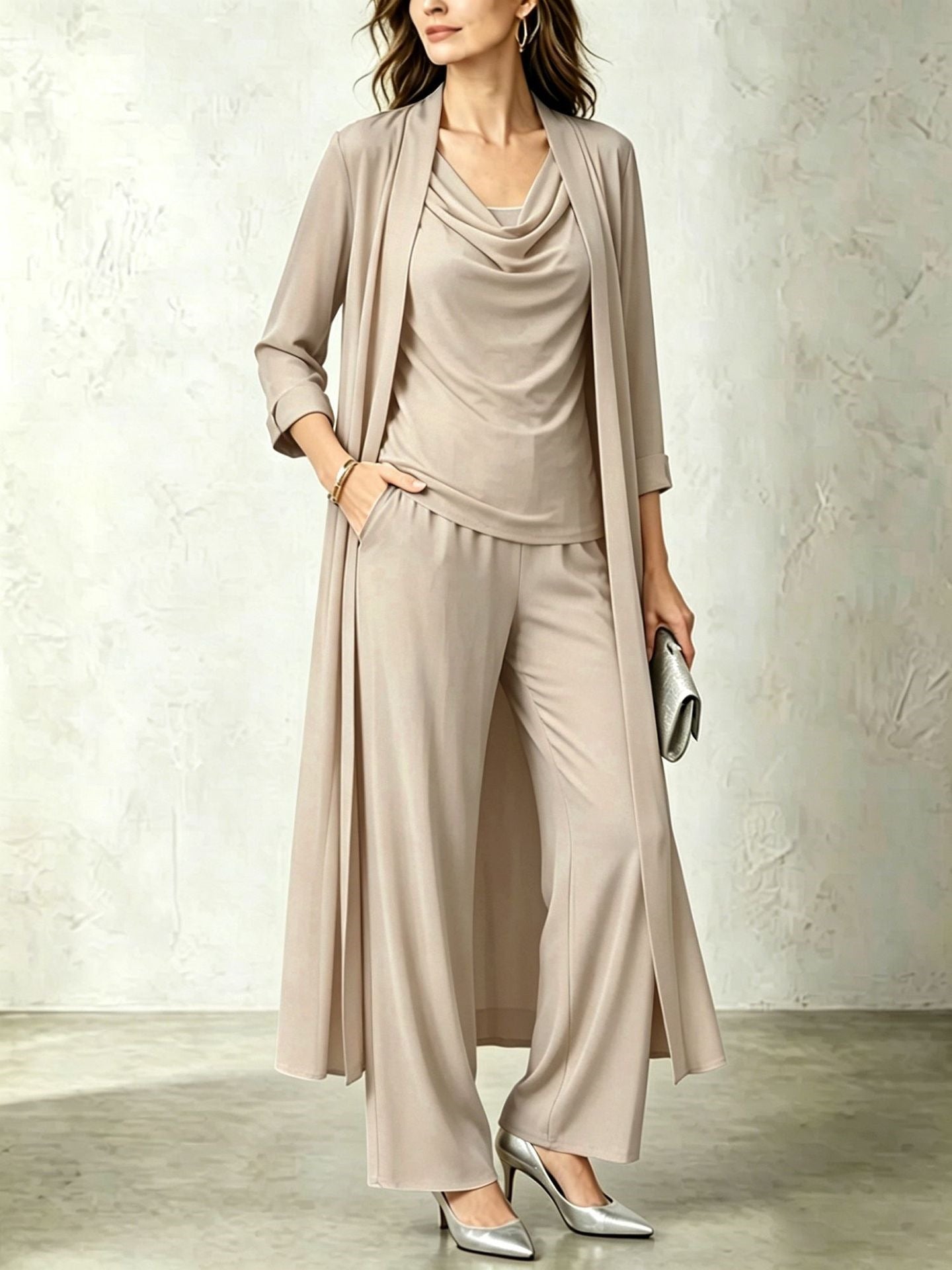 Three-Piece Pants Set – Long Cardigan & Layered Top