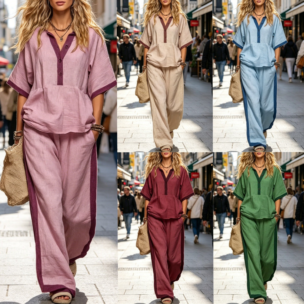 Wide-Leg Pants Set – V-Neck Top & Elastic Waist