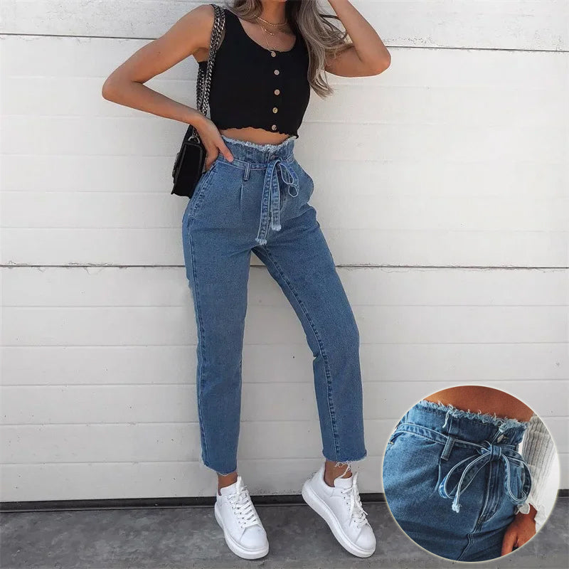 High-Waisted Washed Pencil Pants Denim Jeans For Women
