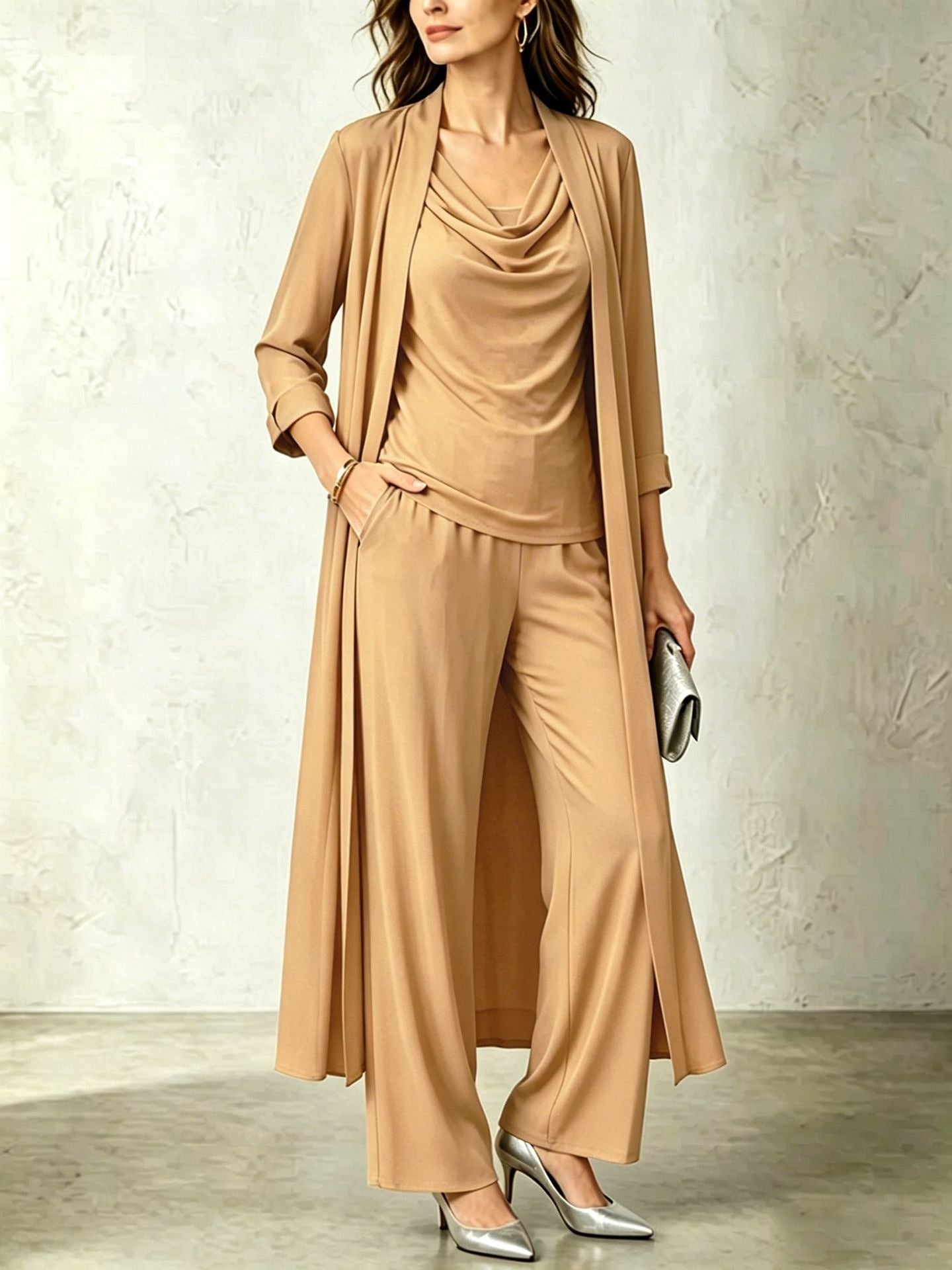 Three-Piece Pants Set – Long Cardigan & Layered Top