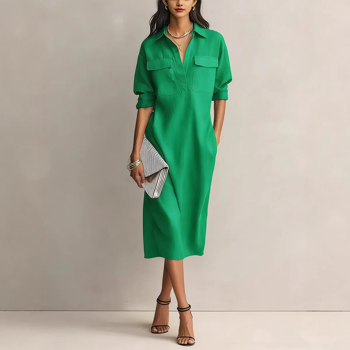 Elegant and Sophisticated Office Casual Fashion Fitted Comfortable Solid Color Mid-Length Dress