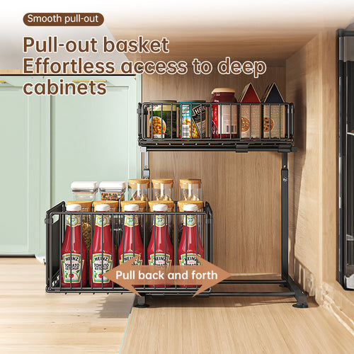 2-tier pull-out cabinet organizer, adjustable kitchen basket, under-sink organizer, spice rack, drawer slide.