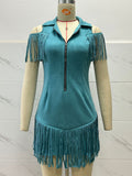 Tassel off shoulder dress - Peacock Blue
