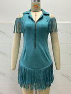 Tassel off shoulder dress - Peacock Blue