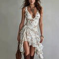 Chiffon floral print suspender V-neck black fungus edge dress