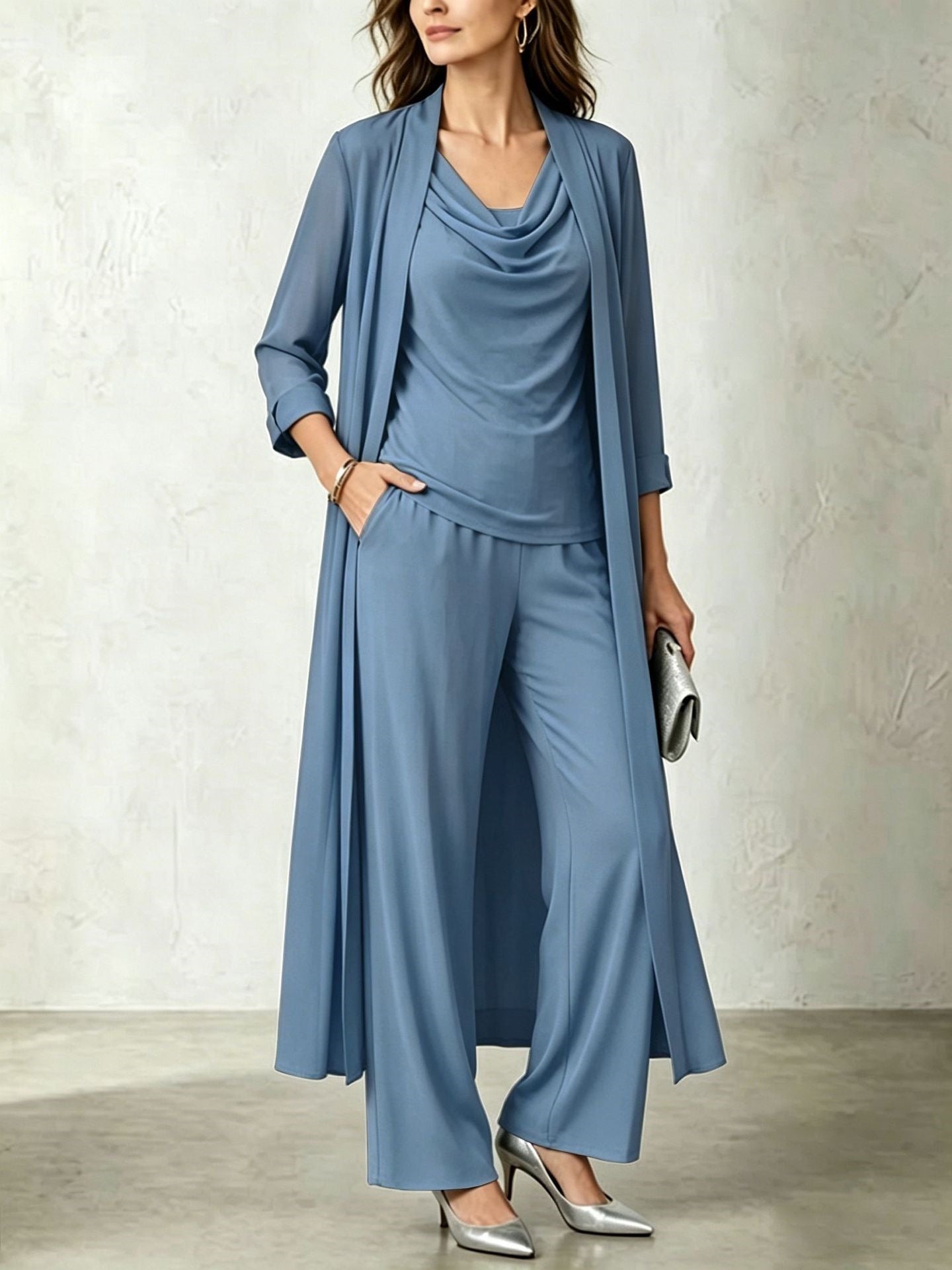 Three-Piece Pants Set – Long Cardigan & Layered Top