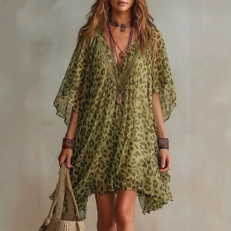 V-neck chiffon dress beach vacation cover shirt leopard print beach skirt