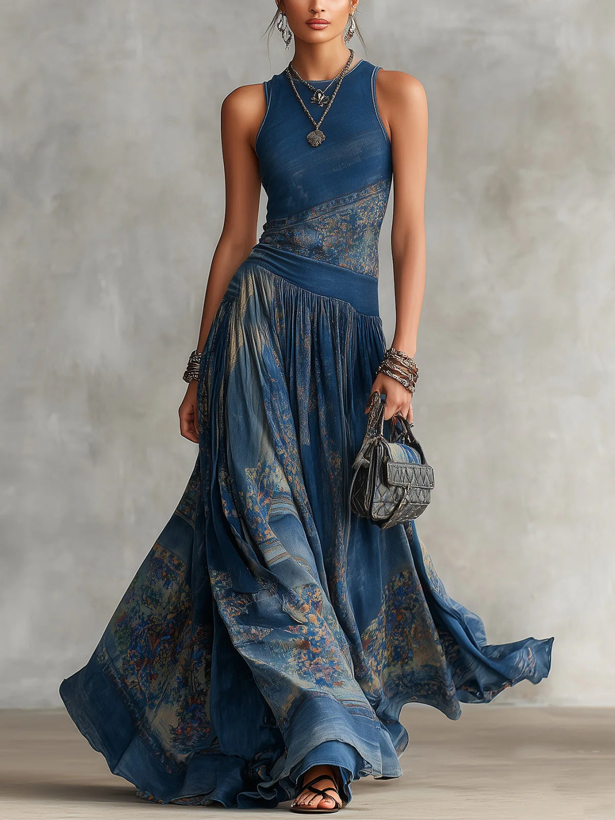 Printed sleeveless vest dress with elegant large swing round neck skirt - blue