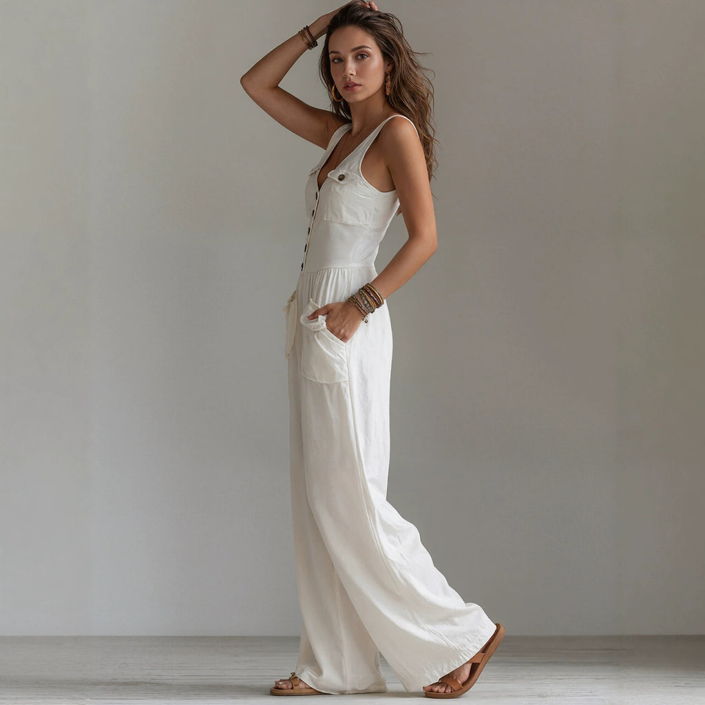 V-Neck Pocket Jumpsuit – High-Waist Long-Leg Style