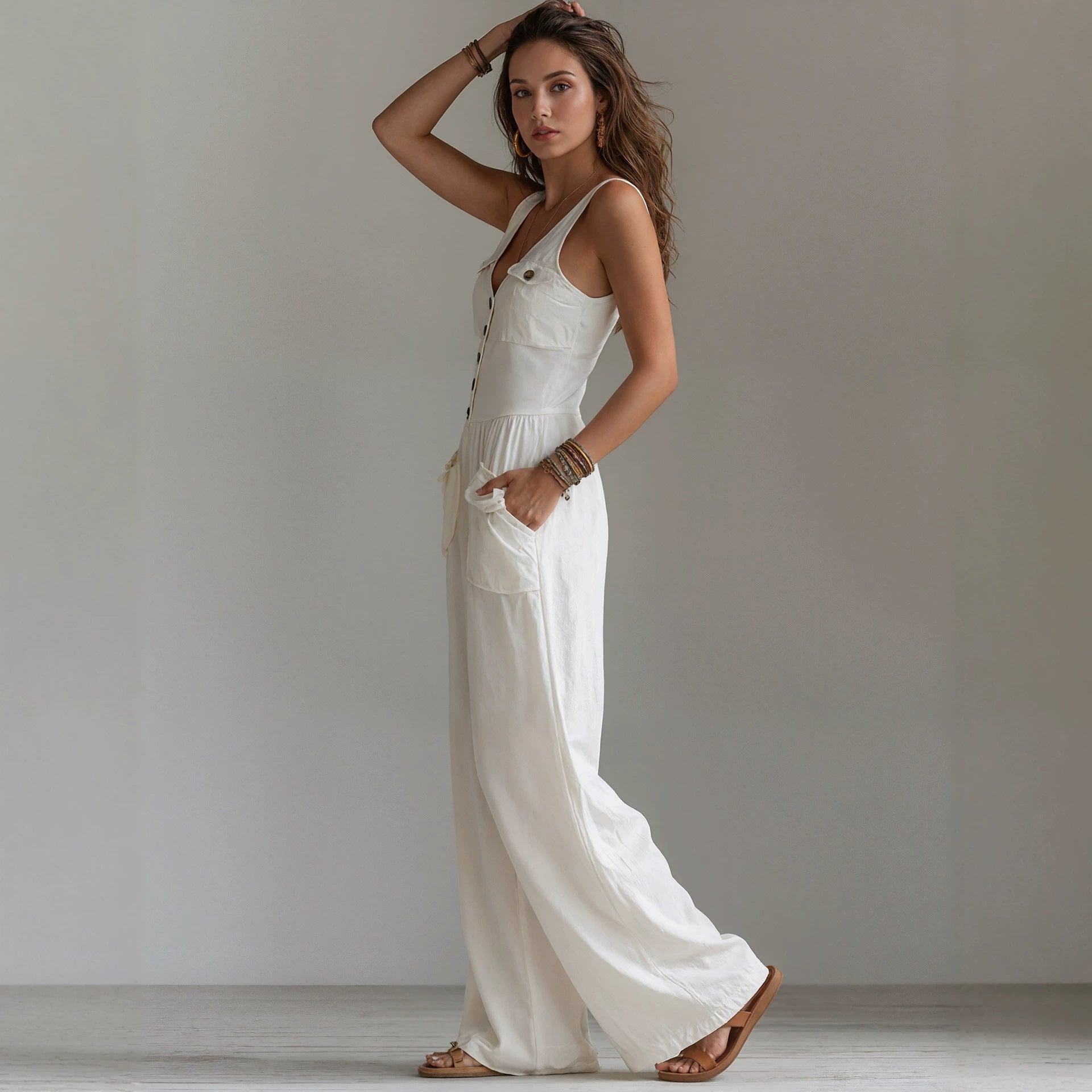 V-Neck Pocket Jumpsuit – High-Waist Long-Leg Style