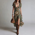 Vintage Oil Painting Print Irregular Hem Ruffle Sleeveless Fitted Western Style Long Dress