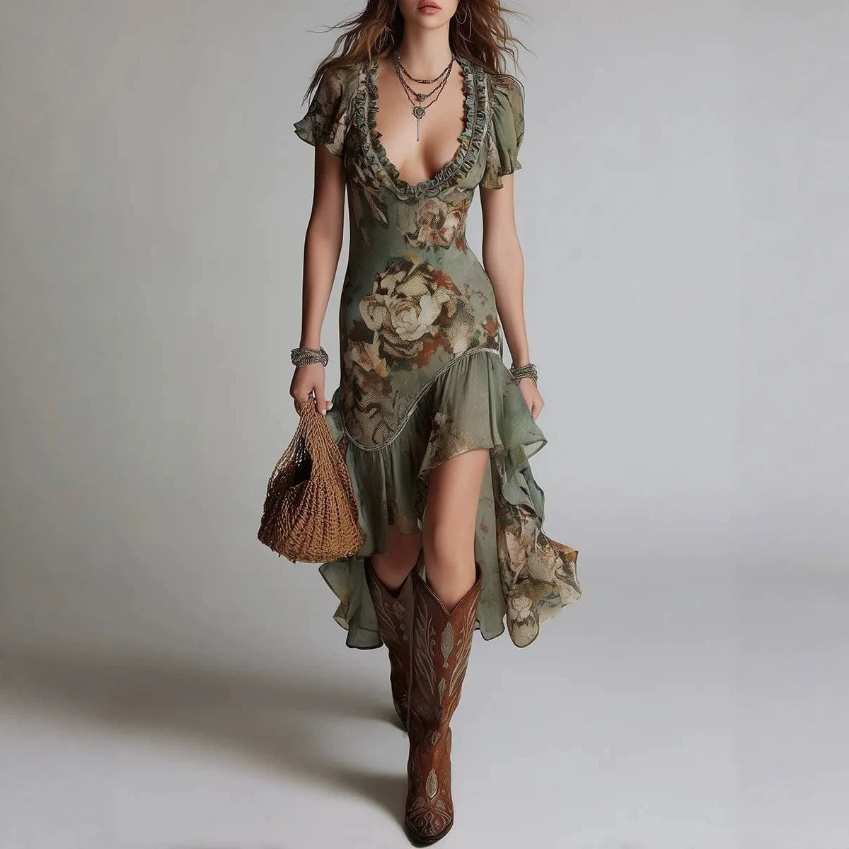 Vintage Oil Painting Print Irregular Hem Ruffle Sleeveless Fitted Western Style Long Dress