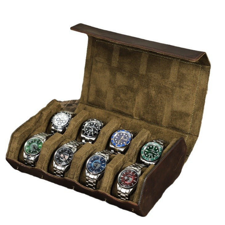 Handmade Vintage Crazy Horse Leather 8-Position Portable Mechanical Watch Storage Box