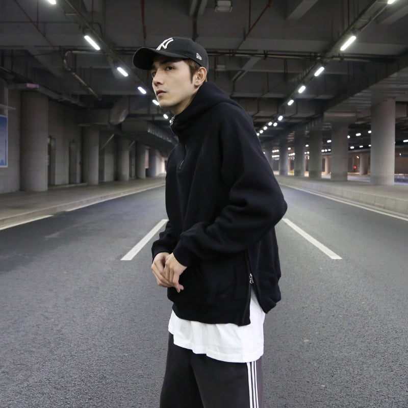 Oversize solid half-zip fleece pullover hoodie
