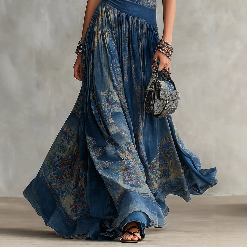 Printed sleeveless vest dress with elegant large swing round neck skirt