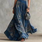 Printed sleeveless vest dress with elegant large swing round neck skirt