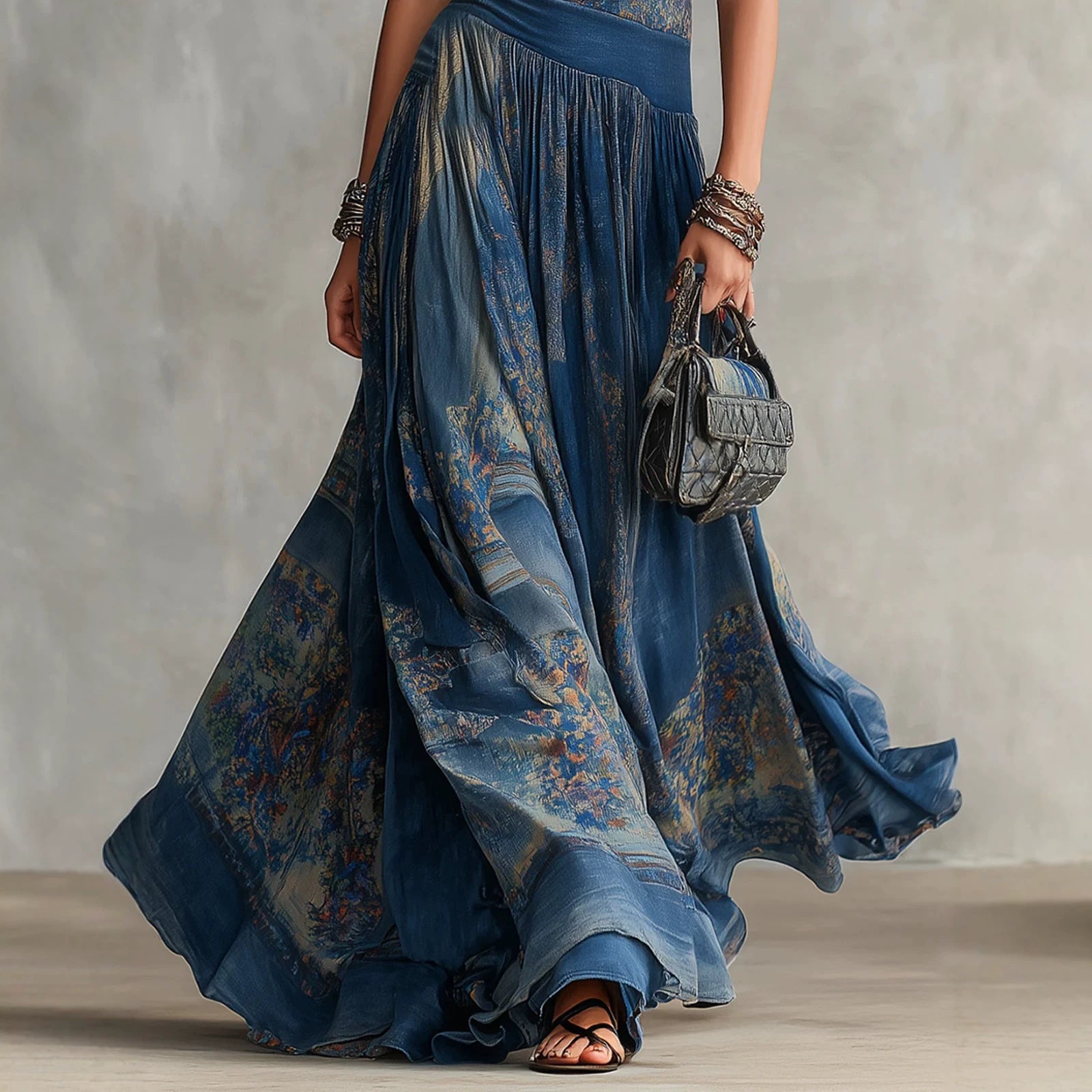 Printed sleeveless vest dress with elegant large swing round neck skirt
