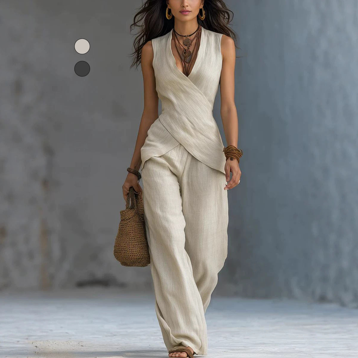 Wide-Leg Pants Set – Sleeveless V-Neck Waist-Defining Top