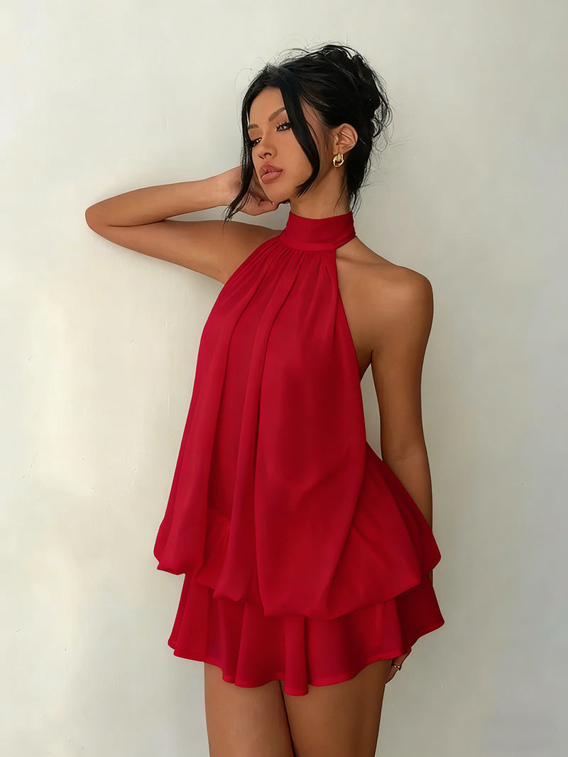 Women's vacation fitted sexy backless halter neck tie-waist dress with puffy short skirt
