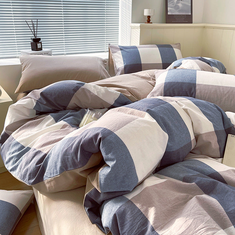 Cotton Dyed Washed Cotton Bedding Set Pure Cotton A Class Flat Sheet Quilt Cover Fitted Sheet Quilt Cover Three-Piece Set Striped