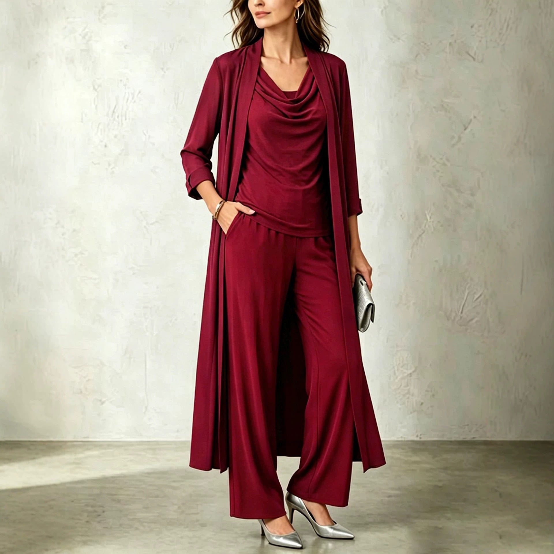 Three-Piece Pants Set – Long Cardigan & Layered Top