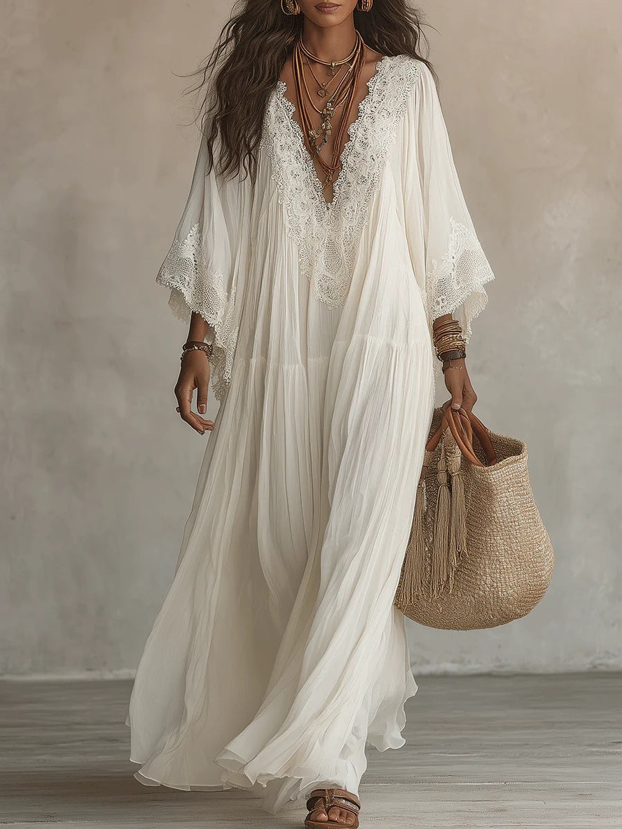 Lace patchwork V-neck long vacation beach dress