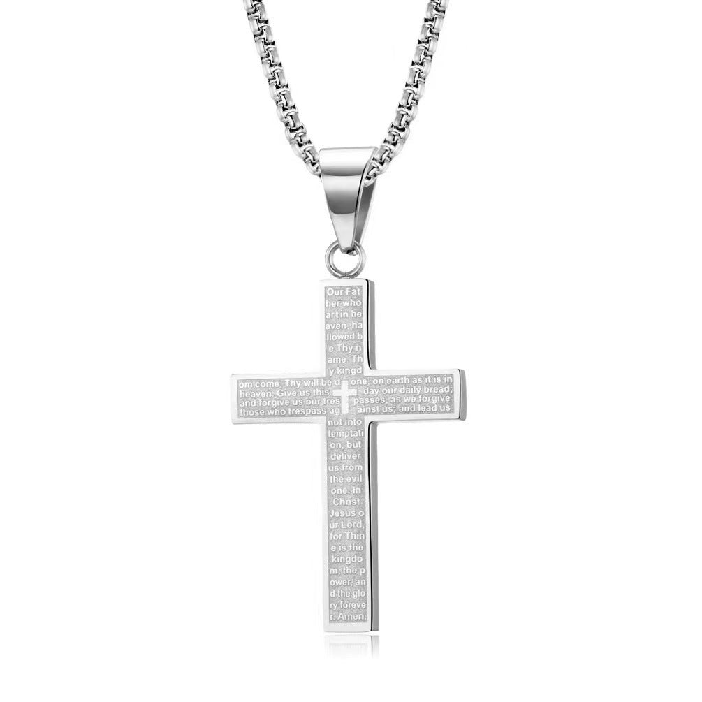Scripture Cross Pendant Titanium Steel Necklace - Silver with chain