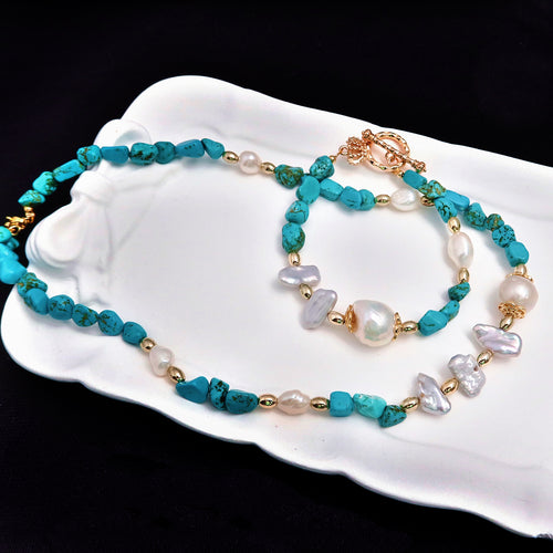 Freshwater Pearl | Turquoise Beaded Bracelet — Natural Stone