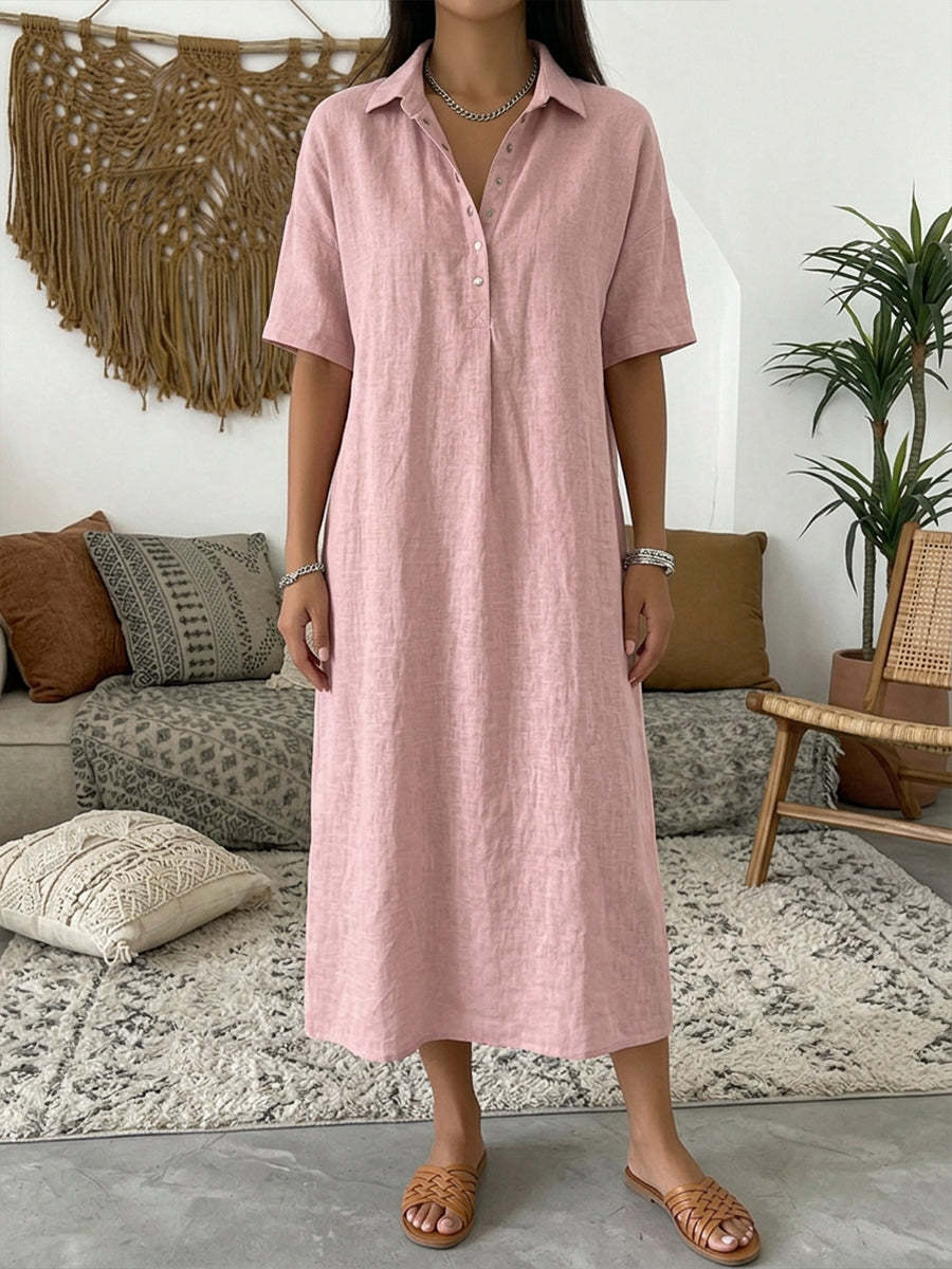 Casual Straight Fit Comfortable Linen Short Sleeve Polo Neck Dress for Women