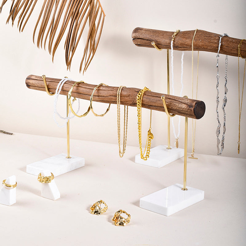 Bracelet Storage Rack Natural Wood And Brass Marble Base Necklace Display Rack