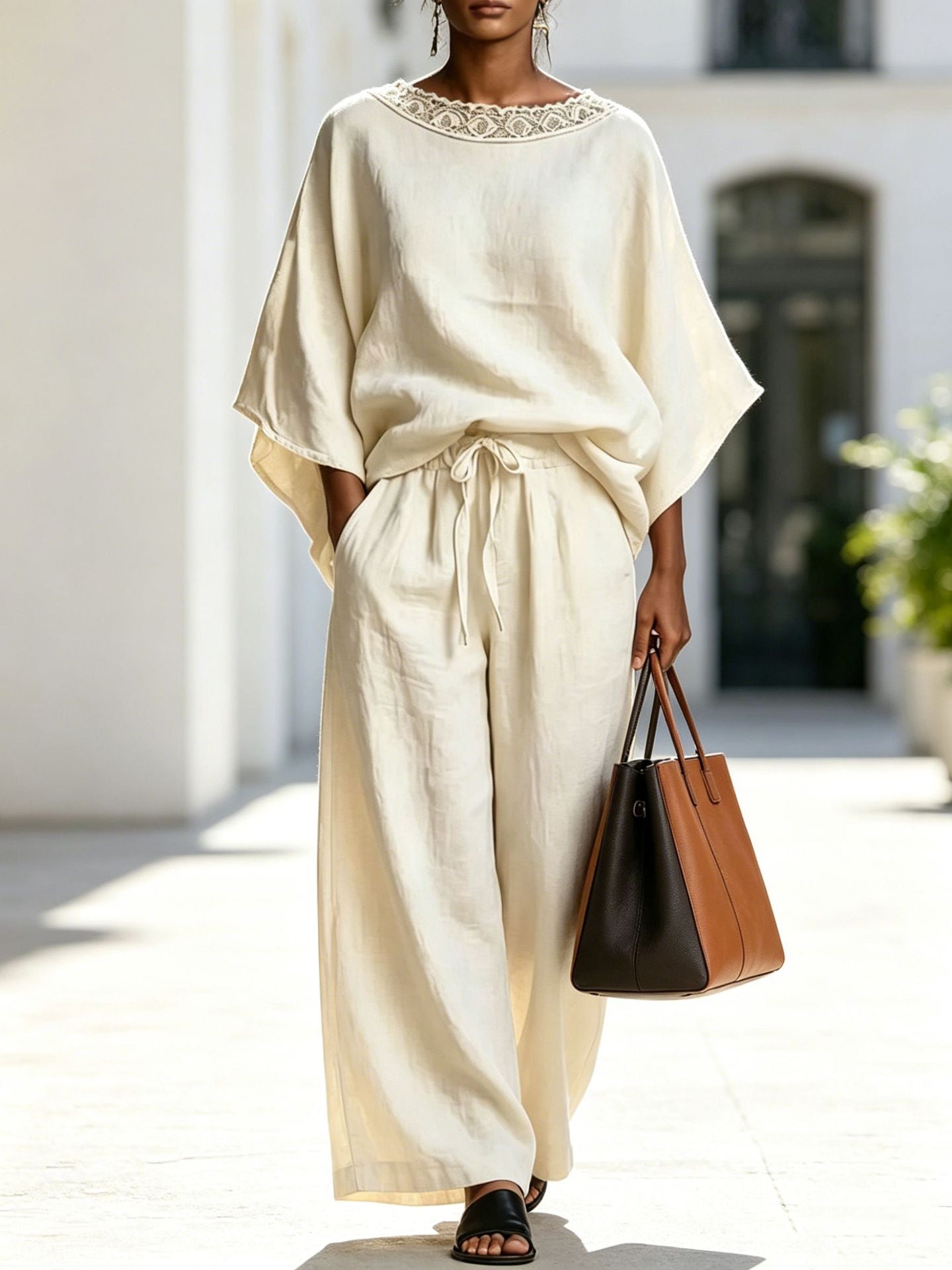 Lace-Detail Pants Set – Relaxed T-Shirt Top