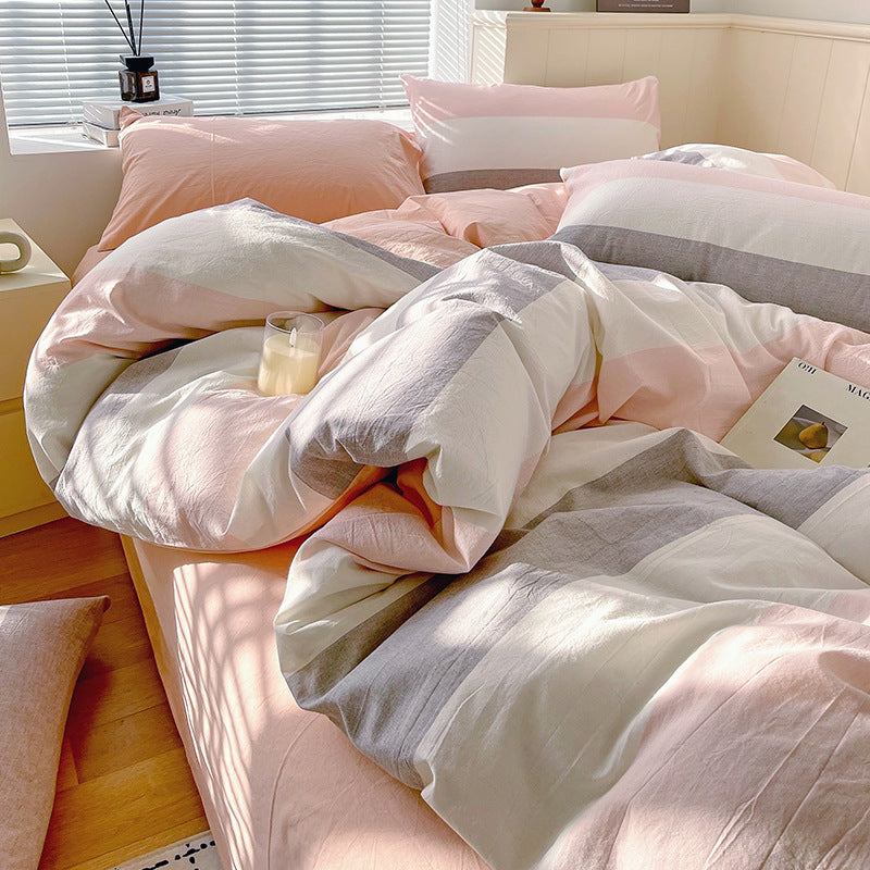 Cotton Dyed Washed Cotton Bedding Set Pure Cotton A Class Flat Sheet Quilt Cover Fitted Sheet Quilt Cover Three-Piece Set Striped