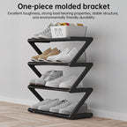 Z-shaped 4-layer shoe organizer: space-saving, wall/corner-mount, stackable, adjustable storage shelf.