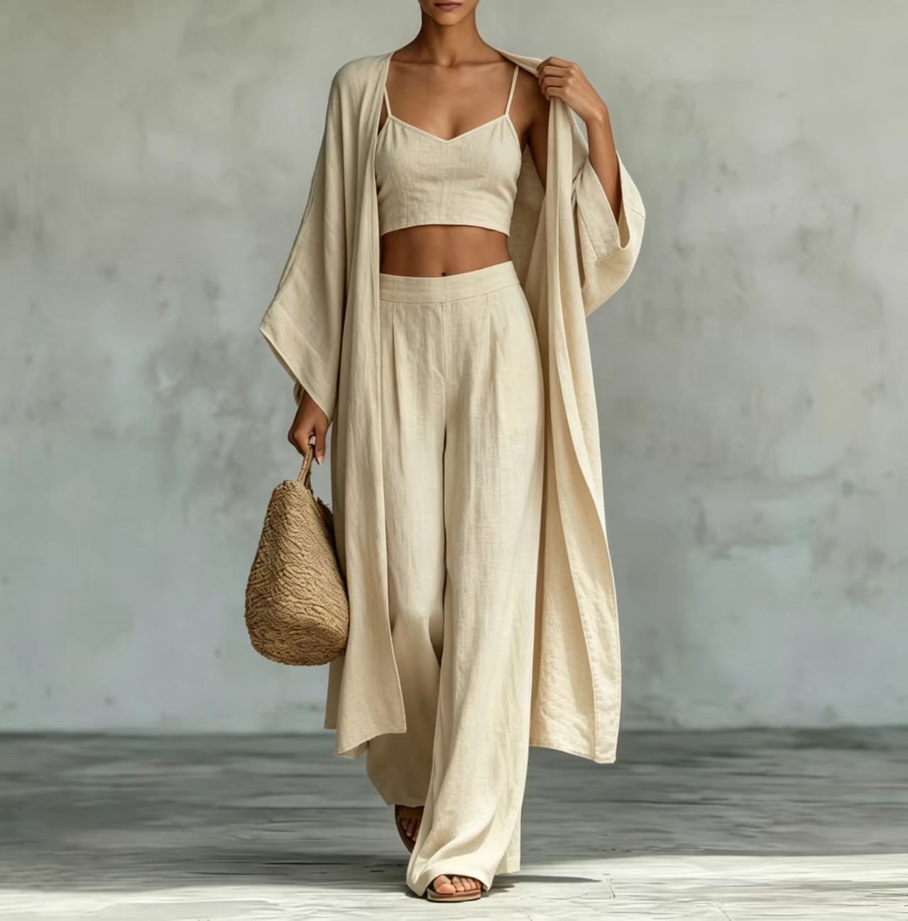 Wide-Leg Pants Set – Long Cardigan & High-Waist Pants