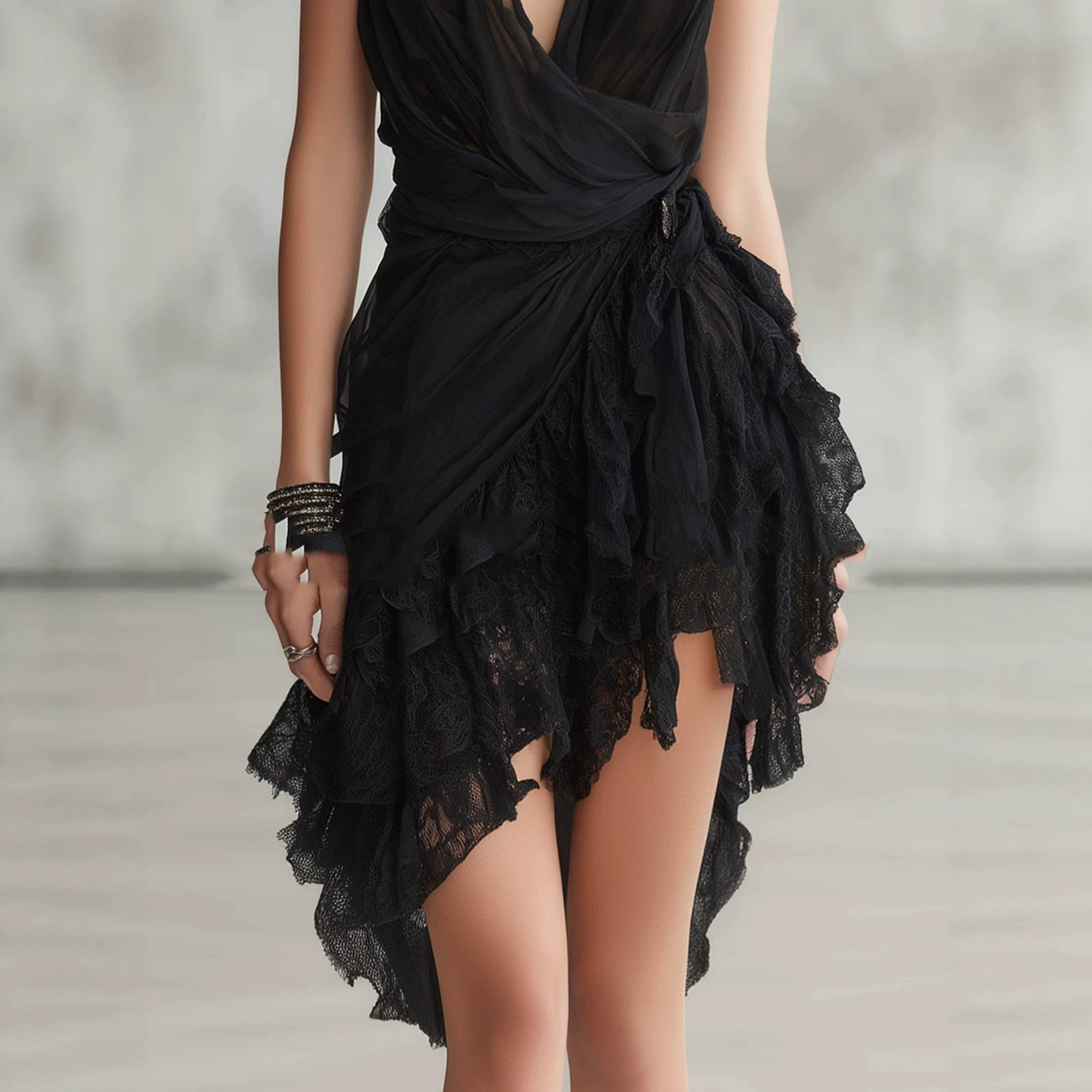 Summer New Black Strap Deep V-neck Chiffon Lace Dress