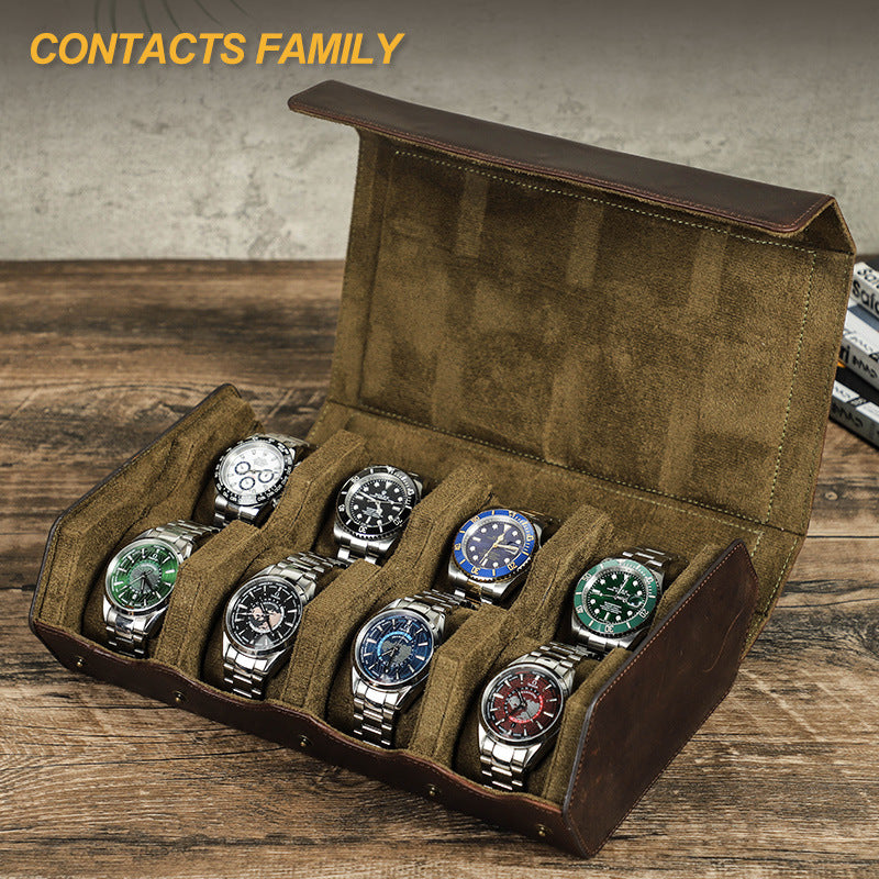 Handmade Vintage Crazy Horse Leather 8-Position Portable Mechanical Watch Storage Box