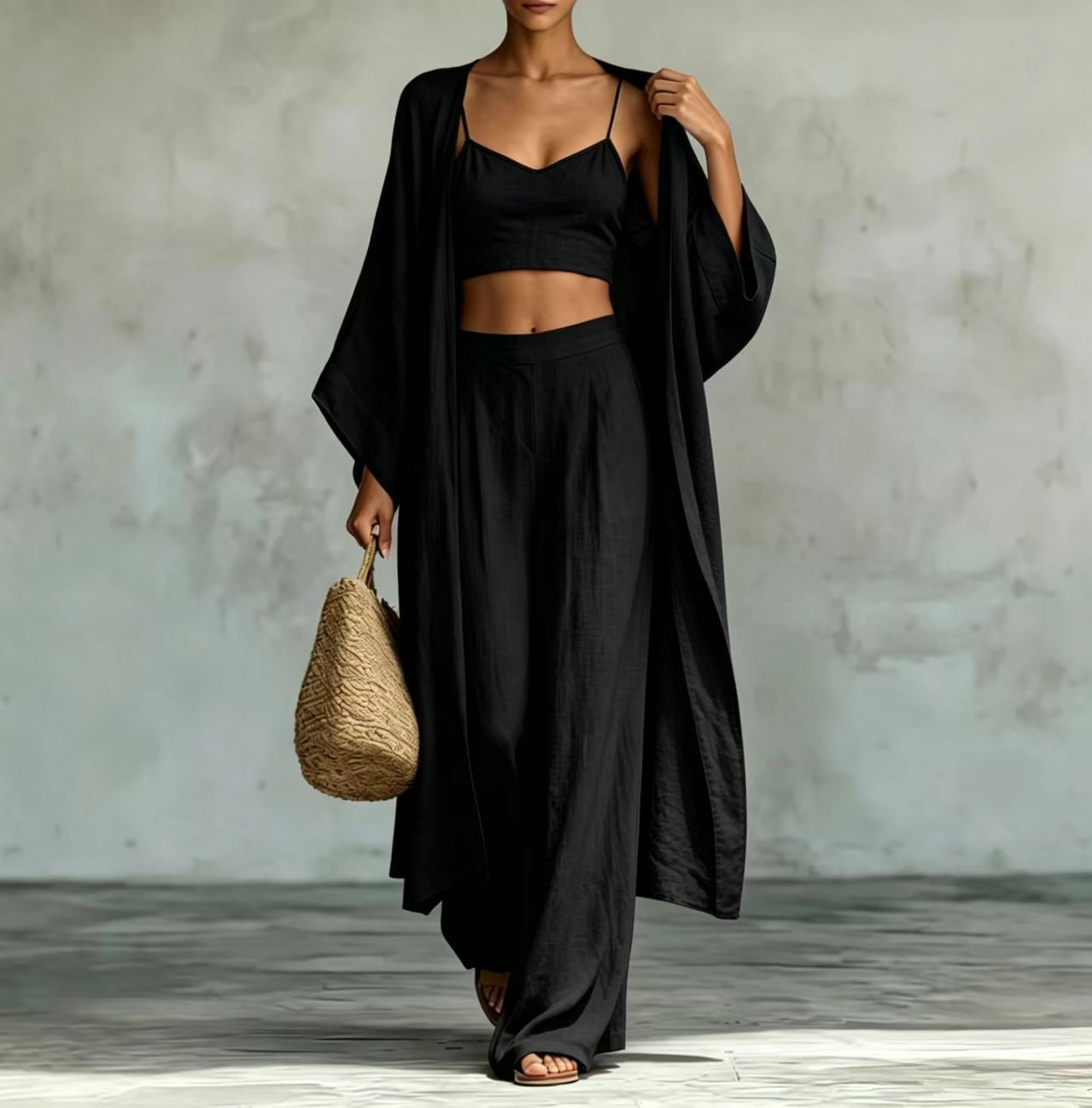 Wide-Leg Pants Set – Long Cardigan & High-Waist Pants