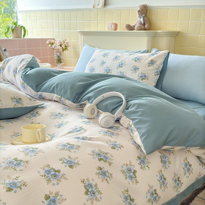 Double Gauze Four-Piece Set Jacquard Small Bamboo Cotton Three-Piece Set Student Dormitory INS Fresh Floral Bedding